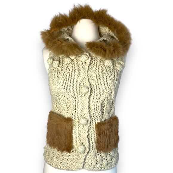 Hooded Boho Macrame Crochet Chunky Sweater Vest w Removable Faux Fur Collar Trim - Picture 2 of 9